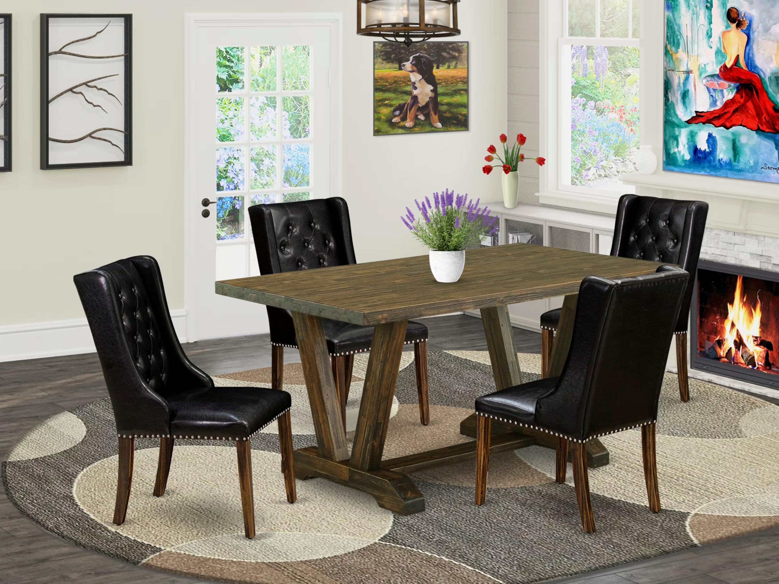 East West Furniture V776FO749-5 5 Piece Dining Table Set Includes a Rectangle Dining Room Table with V-Legs and 4 Black Faux Leather Parsons Chairs, 36x60 Inch, Multi-Color